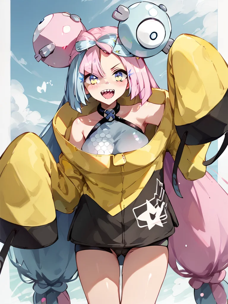 score_9, score_8_up, score_7_up, ultra detailed,, <lora:Expressive_H:0.8> Expressiveh, zPDXL, standing,contrapposto, huge cameltoe , large breasts, looking at viewer, <lora:l0n0-10:1>, l0n0, 1girl, long hair, smile, hair ornament, jacket, pink hair, yellow jacket, character hair ornament, iono (pokemon), teeth, sharp teeth, bow-shaped hair, solo, oversized clothes, very long sleeves, x, sleeveless, sleeveless shirt, sleeves past fingers, shirt, sleeves past wrists, open mouth, low-tied long hair