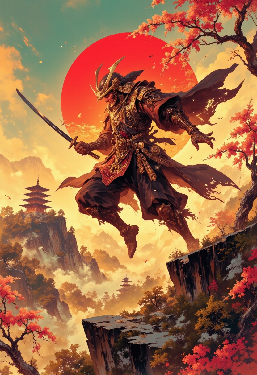 A captivating digital painting depicting a fierce samurai warrior mid-leap, suspended in an intense moment of combat against a shadowy opponent, his katana slicing through the air with fluid precision. His traditional armor, lacquered in deep crimson and gold, catches the fiery glow of the setting sun, casting elongated shadows and vibrant highlights across intricate patterns and textures. The background reveals an ancient Japanese temple atop a mist-covered mountain peak, its silhouette framed by cherry blossoms swirling gracefully in the turbulent wind. Warm amber and scarlet tones dominate the scene, creating a dramatic yet poetic atmosphere that emphasizes courage and honor amidst conflict. Dynamic pose, dramatic sunset lighting, traditional Japanese art style.
 Intricate linework with expressive contrasts, low-key lighting with cool shadows dynamic highlights. In the style of ff-td, DB4RZ, DB4RZ style painting