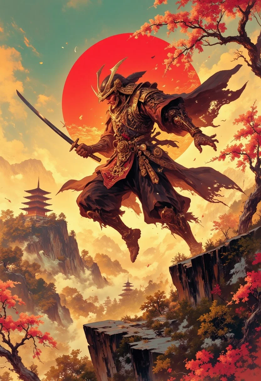 A captivating digital painting depicting a fierce samurai warrior mid-leap, suspended in an intense moment of combat against a shadowy opponent, his katana slicing through the air with fluid precision. His traditional armor, lacquered in deep crimson and gold, catches the fiery glow of the setting sun, casting elongated shadows and vibrant highlights across intricate patterns and textures. The background reveals an ancient Japanese temple atop a mist-covered mountain peak, its silhouette framed by cherry blossoms swirling gracefully in the turbulent wind. Warm amber and scarlet tones dominate the scene, creating a dramatic yet poetic atmosphere that emphasizes courage and honor amidst conflict. Dynamic pose, dramatic sunset lighting, traditional Japanese art style.
Intricate linework with expressive contrasts, low-key lighting with cool shadows dynamic highlights. In the style of ff-td, DB4RZ, DB4RZ style painting