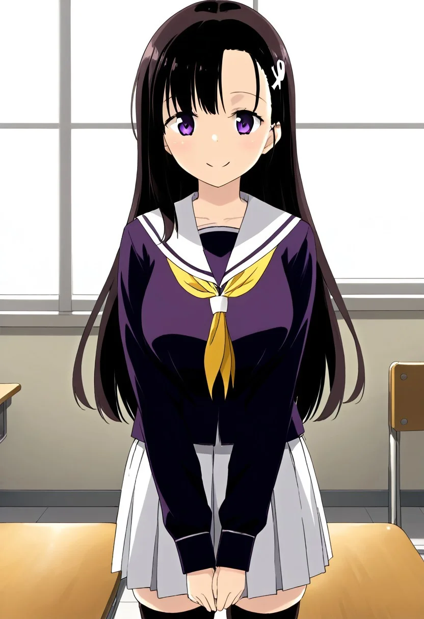 Score 9, Score 8, Score 7, Score 6, Score 5, Score 4, 1 girl, Original anime, Hitomi Hino, Long hair, Black hair, Hair ornament, Large breasts (Purple eyes: 1.2),
skirt, school uniform, pleated skirt, serafuku, white skirt, shirt, purple shirt, sailor collar, white sailor collar, long sleeves, handkerchief, yellow handkerchief, long stockings, white shoes
standing, smile