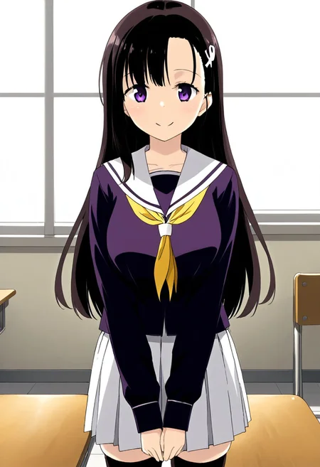 Score 9, Score 8, Score 7, Score 6, Score 5, Score 4, 1 girl, Original anime, Hitomi Hino, Long hair, Black hair, Hair ornament, Large breasts (Purple eyes: 1.2),
skirt, school uniform, pleated skirt, serafuku, white skirt, shirt, purple shirt, sailor collar, white sailor collar, long sleeves, handkerchief, yellow handkerchief, long stockings, white shoes
standing, smile