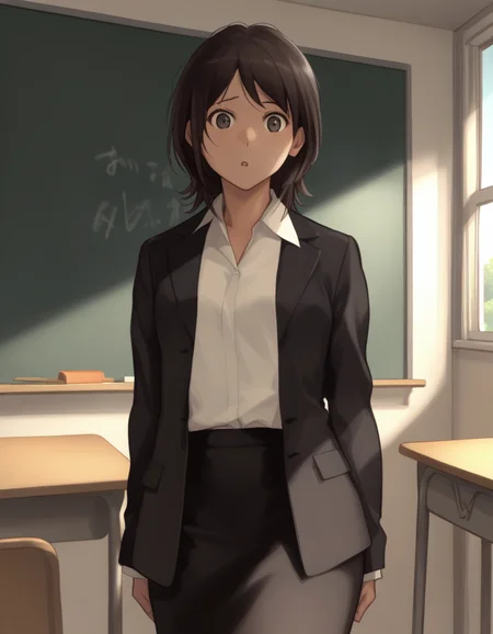 score_9, score_8_up, score_7_up <lora:takahashi-maya-ponyxl-000035:1> takahashi maya, skirt suit, black jacket, white shirt, pencil skirt, pantyhose,
girl stands in front of a classroom, chalkboard, teachers desk, apple on desk, looking at viewer, looking over shoulder, surprised look on face
