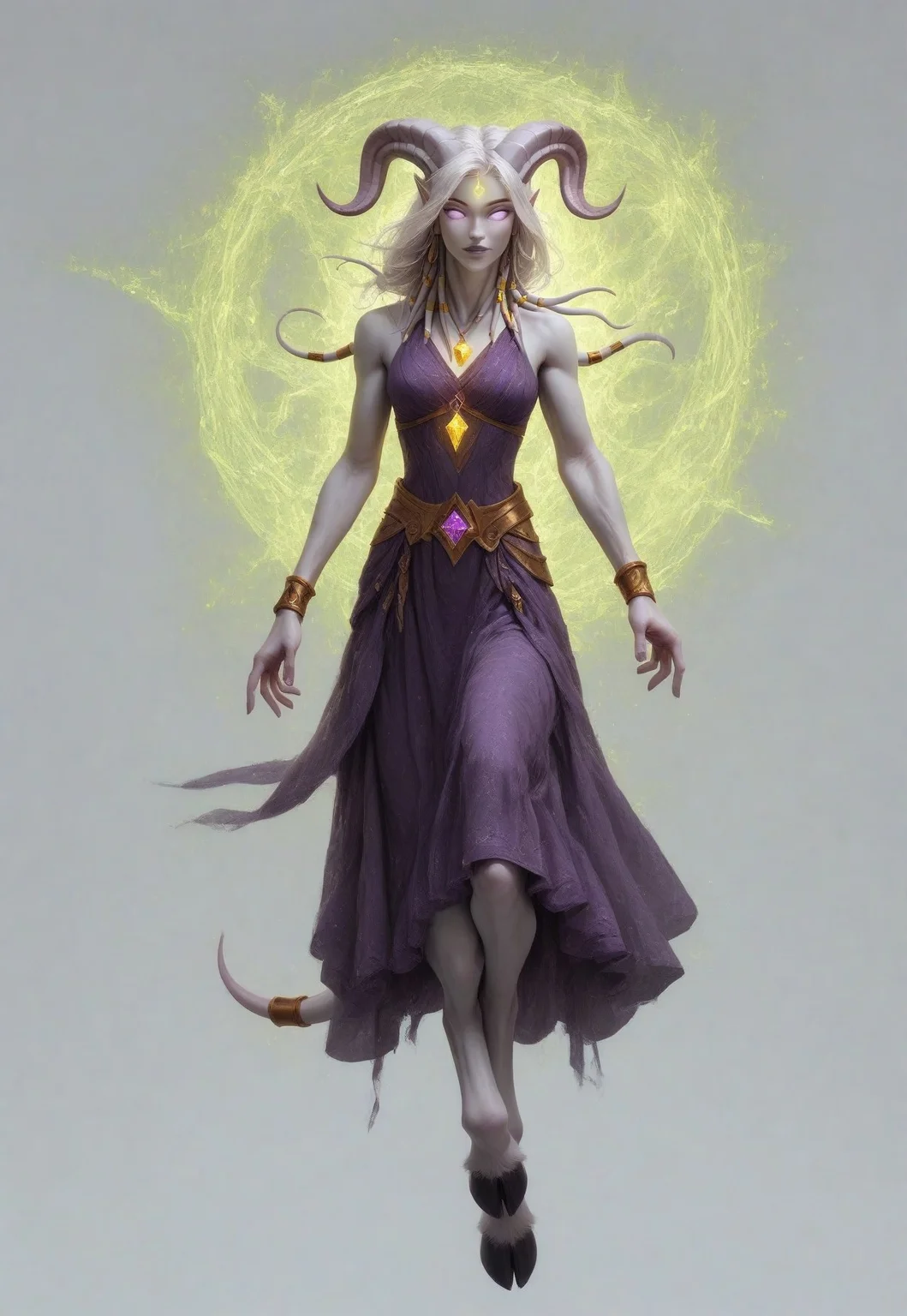(absurdres, highres, best quality, masterpiece:1.4),
score_9, score_8_up, score_7_up, score_6_up,
detailed,
detailed body,
detailed face,
(culDraenei,
female,
purple eyes,
no sclera,
no pupils,
athletic,
tall,
slim,
pale skin,
grey skin,
long ears),
loose long purple dress,
yellow pendant,
sleeveless,
magical spell, green aura,
cheerful,
(((full body))),
posing,
floating,
(((white background, plain background))),
(((no objects in background)))