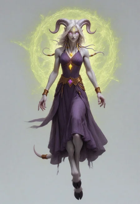 (absurdres, highres, best quality, masterpiece:1.4), 
score_9, score_8_up, score_7_up, score_6_up, 
detailed, 
detailed body, 
detailed face, 

(culDraenei, 
female, 
purple eyes, 
no sclera, 
no pupils, 
athletic, 
tall, 
slim, 
pale skin,
grey skin, 
long ears),

loose long purple dress,  
yellow pendant, 
sleeveless, 
magical spell, green aura, 

cheerful, 
(((full body))), 
posing, 
floating, 

(((white background, plain background))), 
(((no objects in background)))