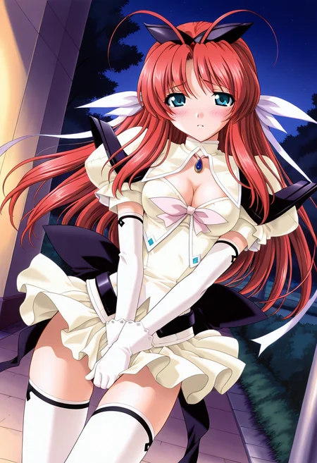 masterpiece,best quality,amazing quality, 1girl, c tear, long hair, red hair, antenna hair, aqua eyes, hair ribbon, hair bow, ribbon, dress, cleavage cutout, white underbust, black armor, white elbow gloves, blue brooch, pink bowtie, white thighhighs, outdoors, night, looking at viewer, dutch angle, blush,<lora:Princess_Tear_ILLUS_c-000009:0.9>