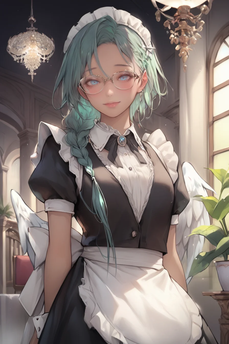score_9, score_8_up, score_7_up, score_6_up, score_5_up, source anime, BREAK, looking at viewer, (dark skin), green hair, braided ponytail, blue eyes, (angel), ((large wings)), petite, (((maid))), ((black maid dress)), lace choker, ((midriff)), navel, shy, blush, smile, glasses, solo, ((cowboy shot)), realistic background, indoors, hallway, corridor, chandelier, marble floor, tables, chairs, plants, <lora:rikuguma:0.8> , rikuguma, <lora:s0mXLP:0.9> , s0m,
