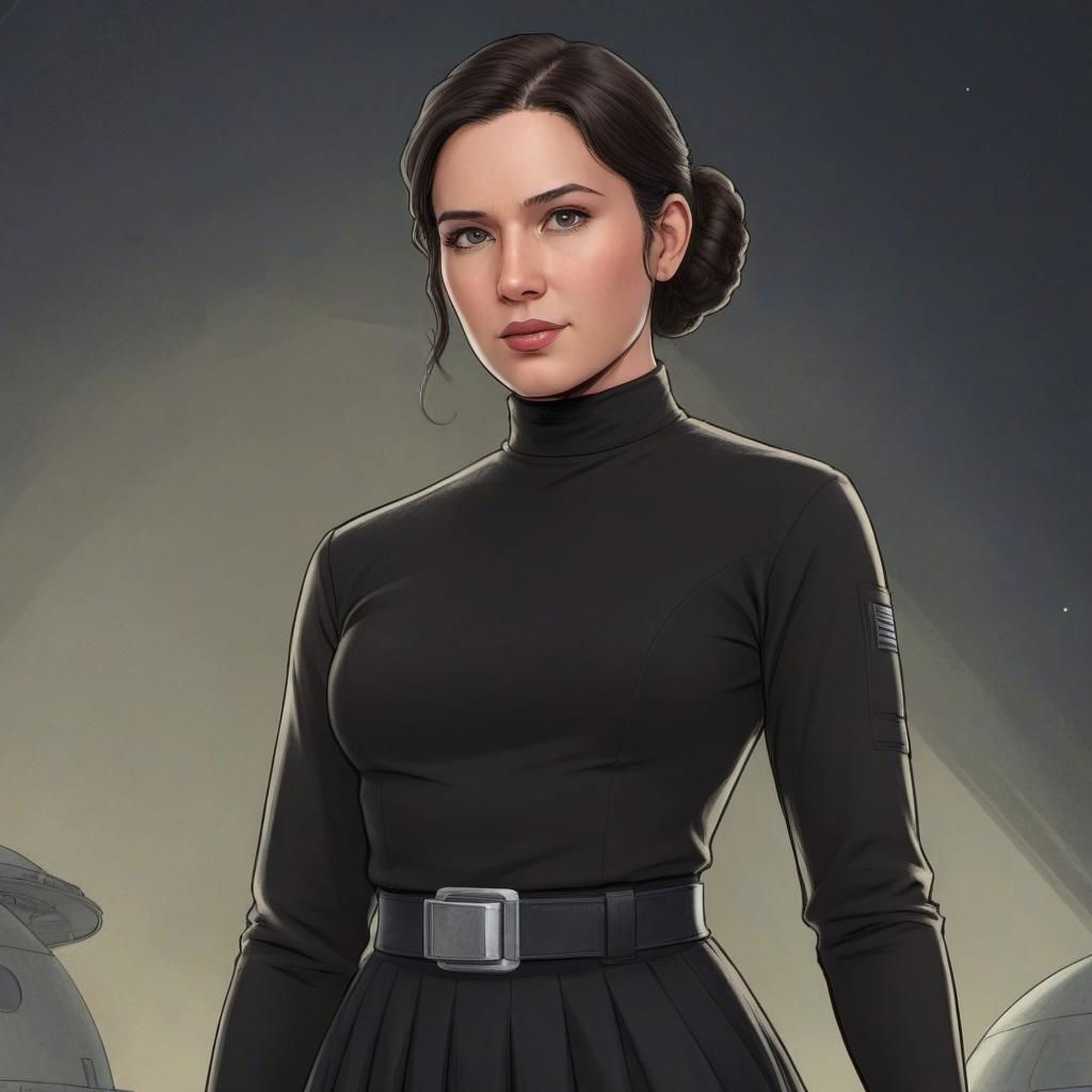 ASCIIa comic book illustration of a female scientist wearing a black skirt and a black cropped turtleneck, star wars universe