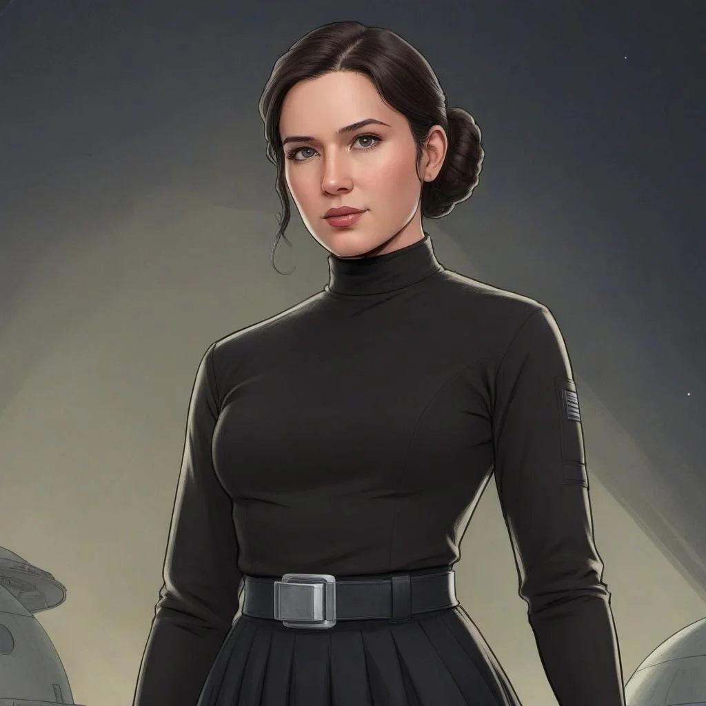 ASCIIa comic book illustration of a female scientist wearing a black skirt and a black cropped turtleneck, star wars universe