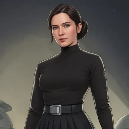 ASCIIa comic book illustration of a female scientist wearing a black skirt and a black cropped turtleneck, star wars universe
