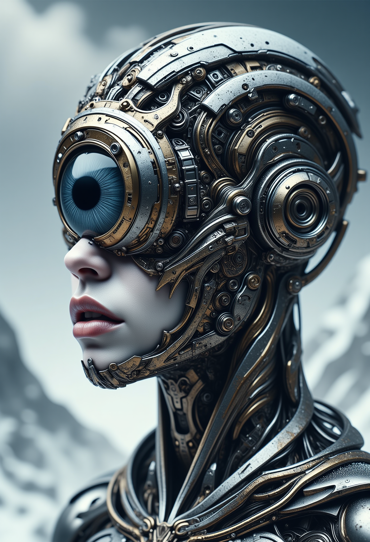 surreal rendition of a cyclops-woman of biomechanical origins, a woman with a single large eye on her forehead, one large eye on top of her nose, deformed face, unreal appearance missing face, eyes removed, corrupted D&D style, fantasy, digital art, studio lighting, intricate details, artistic, close-up,  dynamic composition, intense, luxurious, great composition, shiny, snowy mountain background <lora:Dever_Flux_Enhancer:0.5> <lora:dvr-transformers-flux:0.8>