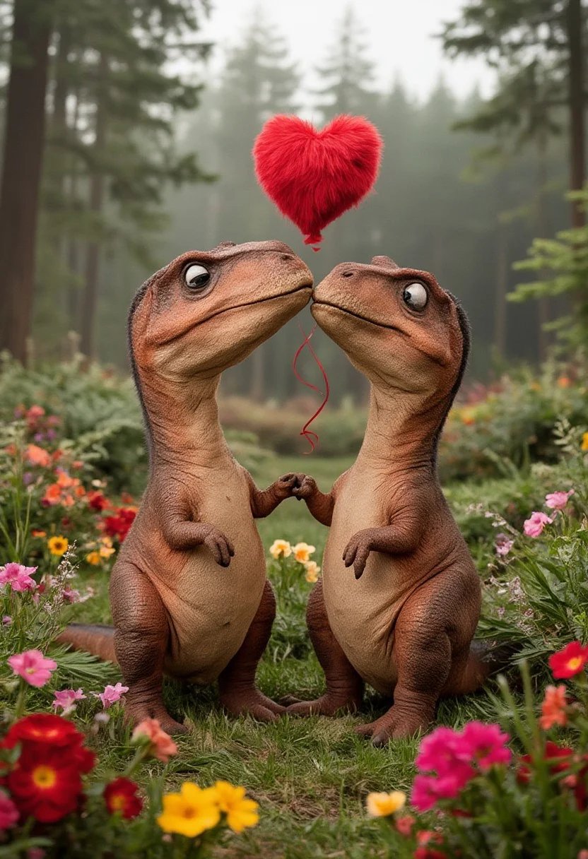 Two menacing looking cute tyrannosaurs hugging each other and kissing tenderly in a prehistoric garden full of colorful flowers, ferns and prehistoric trees, blushing with shiny eyes, surrounded by floating red hearts, bright scarlet fluffy heart shaped balloon, (incredibly absurd, super detailed, cg, unity, 8k wallpaper), (masterpiece),