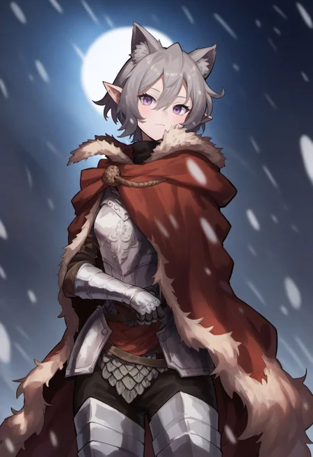 score_9, score_8_up, score_7_up, score_6_up,
ekrea jan style, 1girl, solo, looking at viewer, short hair, animal ears, hair between eyes, purple eyes, grey hair, pointy ears, cape, armor, gauntlets, cloak, breastplate, snowing, greaves, chainmail,
<lora:ekrea_jan_style_v1:0.8>,
<lora:fix_hands:1.5>,