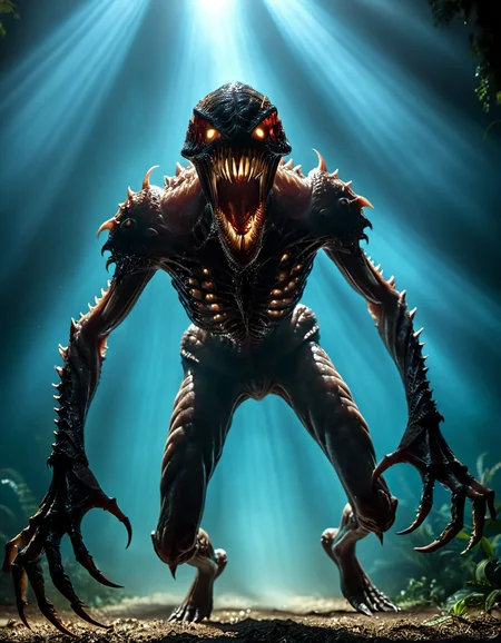 monsterlora, horror (theme), 1monster, teeth, eyes, humanoid, arms, legs, full body,cinematiclora,Cinematic Lighting, Dramatic lighting, high contrast, detailed shadows, high-resolution, emotional, harmonious, vignette, highly detailed, high budget, bokeh, cinemascope, moody, epic, gorgeous, film grain, grainy, monsterlora, horror (theme), 1monster, teeth, eyes, humanoid, arms, legs, full body, intricate, highly detailed, epic cinematic, shining, great created, glorious, dramatic futuristic colors, beautiful, perfect, sharp focus, atmosphere, optimistic, relaxed, joyful, emotional, shiny, bright, illuminated, strong, striking, incredible detail, professional