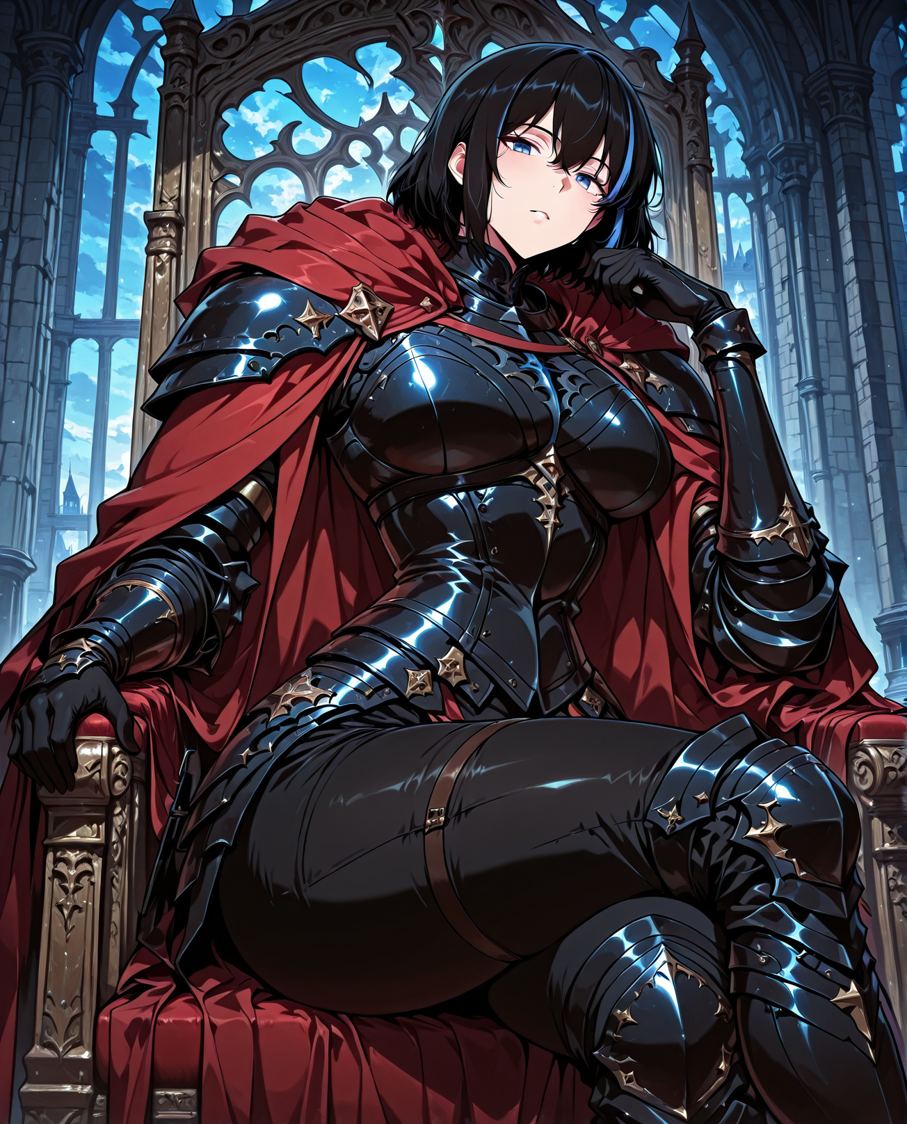 <lora:Cheon_Soyeon__The_Knight_King_Who_Returned_with_a_God__Illustrious:1>
1 girl, solo, black hair, short hair, loose hair, blue hair streak, multicolored hair, streaked hair, bangs, hair between eyes, blue eyes, large breasts
black armored boots, black armored armor, black corset, red cape, gauntlets, black gloves, black pants
zPDXL3, score_9_up, score_8_up, score_7_up, (Anime_source),Masterpiece,(perfect female body:1.2), small waist,(incredibly detailed:1.4), slim, beautiful fingers, thick thighs, parted lips, looking at viewer, sitting on throne, crossed legs, castle room background,  <lora:iLLMythG0thicL1nes:1>