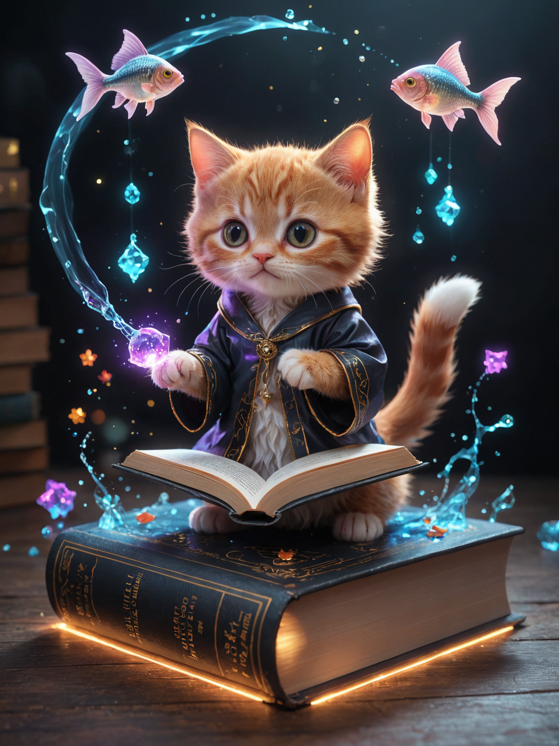 amazing quality, masterpiece, best quality, hyper detailed, ultra detailed, UHD, perfect anatomy, magic world, (kitten and fish:1.4), fish in the air, spell magic to get fresh fish as food,( fish jumping from magic book:1.3), energy flow, a full body of a cute kitten, kawaii, wearing witches robe, witches hat, holding magic book, magic book on one hand, spell magic, <lora:add-detail-xl:1.0>, extremely detailed, <lora:glowneon_xl_v1:0.75> glowneon, glowing