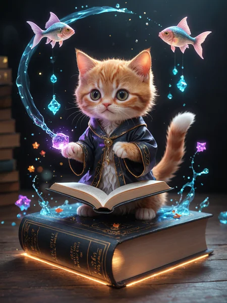 amazing quality, masterpiece, best quality, hyper detailed, ultra detailed, UHD, perfect anatomy, magic world, (kitten and fish:1.4), fish in the air, spell magic to get fresh fish as food,( fish jumping from magic book:1.3), energy flow, a full body of a cute kitten, kawaii, wearing witches robe, witches hat, holding magic book, magic book on one hand, spell magic, <lora:add-detail-xl:1.0>, extremely detailed, <lora:glowneon_xl_v1:0.75> glowneon, glowing