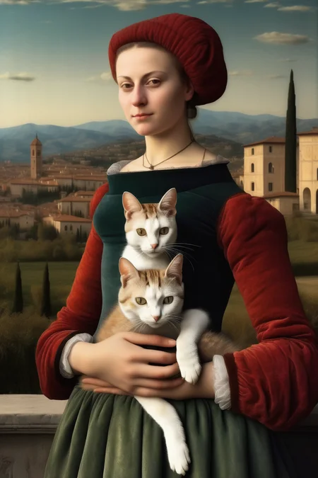 <lora:Sofonisba Anguissola Style:1>Sofonisba Anguissola Style - photorealistic, a model with an cat in her arms, background landscape in the style of gianbattista cima da conegliano