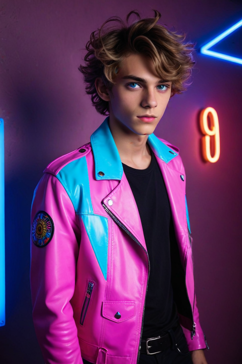 19yo (psychedelic dreamland:1.4) skinny male model twink (candyland:1.4), pink, wild hair, smooth, open leather jacket, slim waist, (neon lighting:1.1), light-blue-eyes, (Chiaroscuro, Filmgrain, Cinematic LUT), <lora:sdxl_lightning_8step_lora:1>