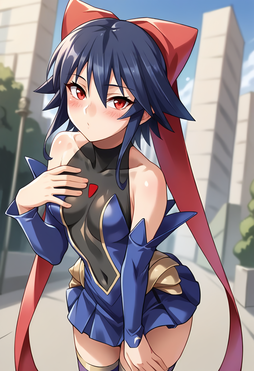 score_9, score_8_up, score_7_up, masterpiece, source_anime, 1girl, ct ai, short hair, blue hair, red eyes, hair ribbon, ribbon, leotard, blue miniskirt, skirt, detached sleeves, covered navel, purple thighhighs, outdoors, leaning forward, hand on chest, city, depth of field, looking at viewer, shiny skin, blush, dutch angle,<lora:Ai_Kagano_Pony_ct:0.9>