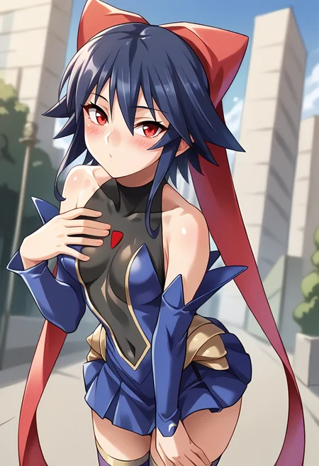 score_9, score_8_up, score_7_up, masterpiece, source_anime, 1girl, ct ai, short hair, blue hair, red eyes, hair ribbon, ribbon, leotard, blue miniskirt, skirt, detached sleeves, covered navel, purple thighhighs, outdoors, leaning forward, hand on chest, city, depth of field, looking at viewer, shiny skin, blush, dutch angle,<lora:Ai_Kagano_Pony_ct:0.9>