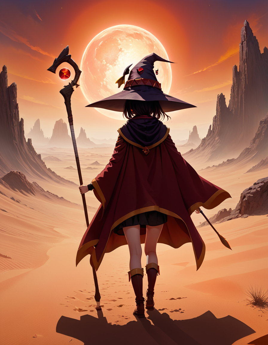 Color Field Painting 1girl megumin with witch hat and cape and one staff, from behind, blushing   , 
inside Futuristic Fantasy Dungeon in Lost World, Sandstorm in a desert Weather Serene sky at Morning light
 <lora:MeguminXL_v2.5:1>, <lora:SDXL - Wrong:1>, ZIP2D , abstract, simple, geometic, color field painting style