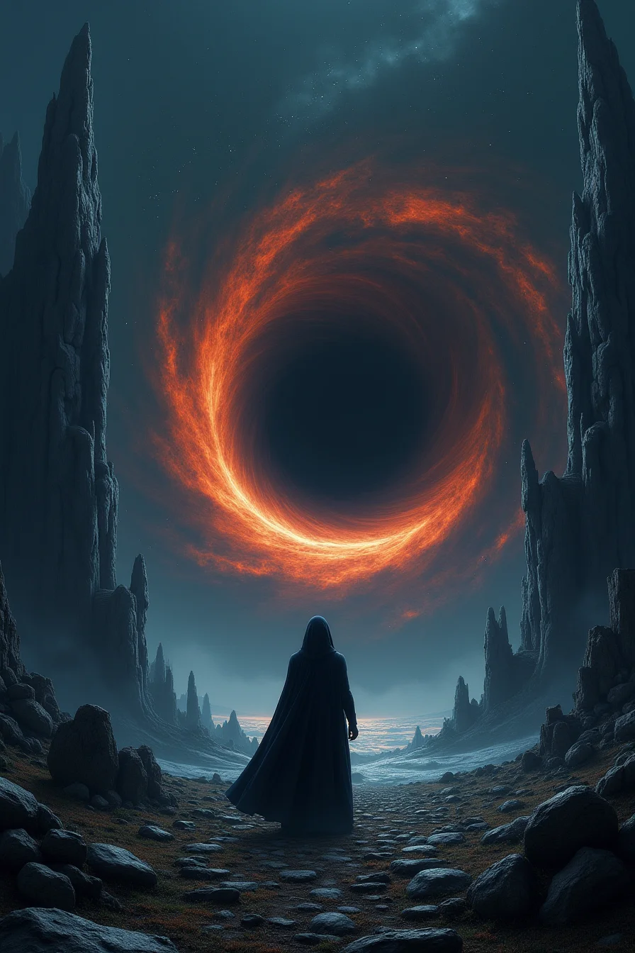 This is a digital artwork depicting a surreal, otherworldly scene. The central focus is a massive, swirling black hole with a fiery orange and red rim, surrounded by dark, swirling space debris. The black hole is located in the center of the image, encircled by a dark, cosmic void with stars and nebulae scattered across the sky.
In the foreground, a lone figure stands on a rocky, uneven terrain, facing the black hole. The figure is dressed in a long, flowing, dark cloak that covers most of their body, suggesting a sense of mystery and isolation. The figure's face is not visible, adding to the enigmatic atmosphere.
The background features towering, jagged rock formations, some appearing to be ancient ruins, with the sky above blending into a gradient of dark blue to light blue, suggesting a transition from night to day. The textures of the rocks are rough and rugged, enhancing the desolate and alien environment.
The overall color palette is dominated by dark blues, blacks, and fiery reds, with the contrast between the figure's dark cloak and the bright, swirling black hole creating a striking visual impact. The image evokes a sense of awe and wonder, blending elements of fantasy and science fiction.
<lora:qihuan222 (1):0.2> <lora:qihuan222 (2):0.9> <lora:qihuan222 (3):0.3> <lora:qihuan222 (4):0.2>
