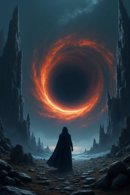 This is a digital artwork depicting a surreal, otherworldly scene. The central focus is a massive, swirling black hole with a fiery orange and red rim, surrounded by dark, swirling space debris. The black hole is located in the center of the image, encircled by a dark, cosmic void with stars and nebulae scattered across the sky.
In the foreground, a lone figure stands on a rocky, uneven terrain, facing the black hole. The figure is dressed in a long, flowing, dark cloak that covers most of their body, suggesting a sense of mystery and isolation. The figure's face is not visible, adding to the enigmatic atmosphere.
The background features towering, jagged rock formations, some appearing to be ancient ruins, with the sky above blending into a gradient of dark blue to light blue, suggesting a transition from night to day. The textures of the rocks are rough and rugged, enhancing the desolate and alien environment.
The overall color palette is dominated by dark blues, blacks, and fiery reds, with the contrast between the figure's dark cloak and the bright, swirling black hole creating a striking visual impact. The image evokes a sense of awe and wonder, blending elements of fantasy and science fiction.
<lora:qihuan222 (1):0.2> <lora:qihuan222 (2):0.9> <lora:qihuan222 (3):0.3> <lora:qihuan222 (4):0.2>