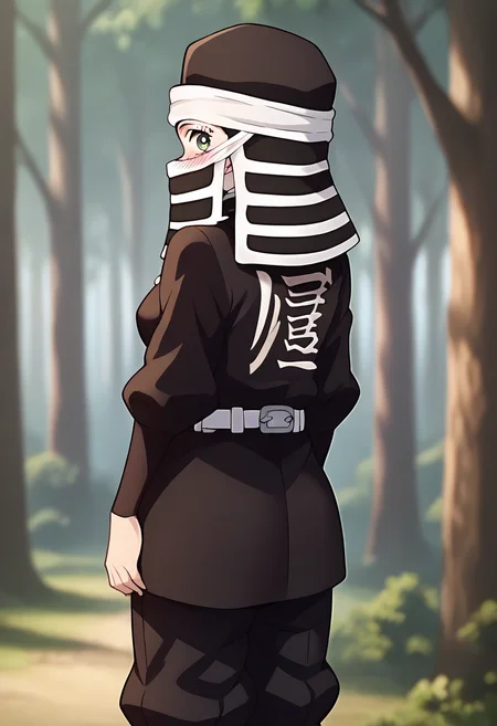 score_9, score_8_up, score_7_up, source_anime, masterpiece, 1girl, ctiankakushi, green eyes, medium breasts, black headwear, mouth mask, black uniform, white belt, black pants, looking at viewer, outdoors, forest, depth of field, sunny, daytime, blush, from behind, back, looking back, <lora:Kakushi_Pony_ct:1>