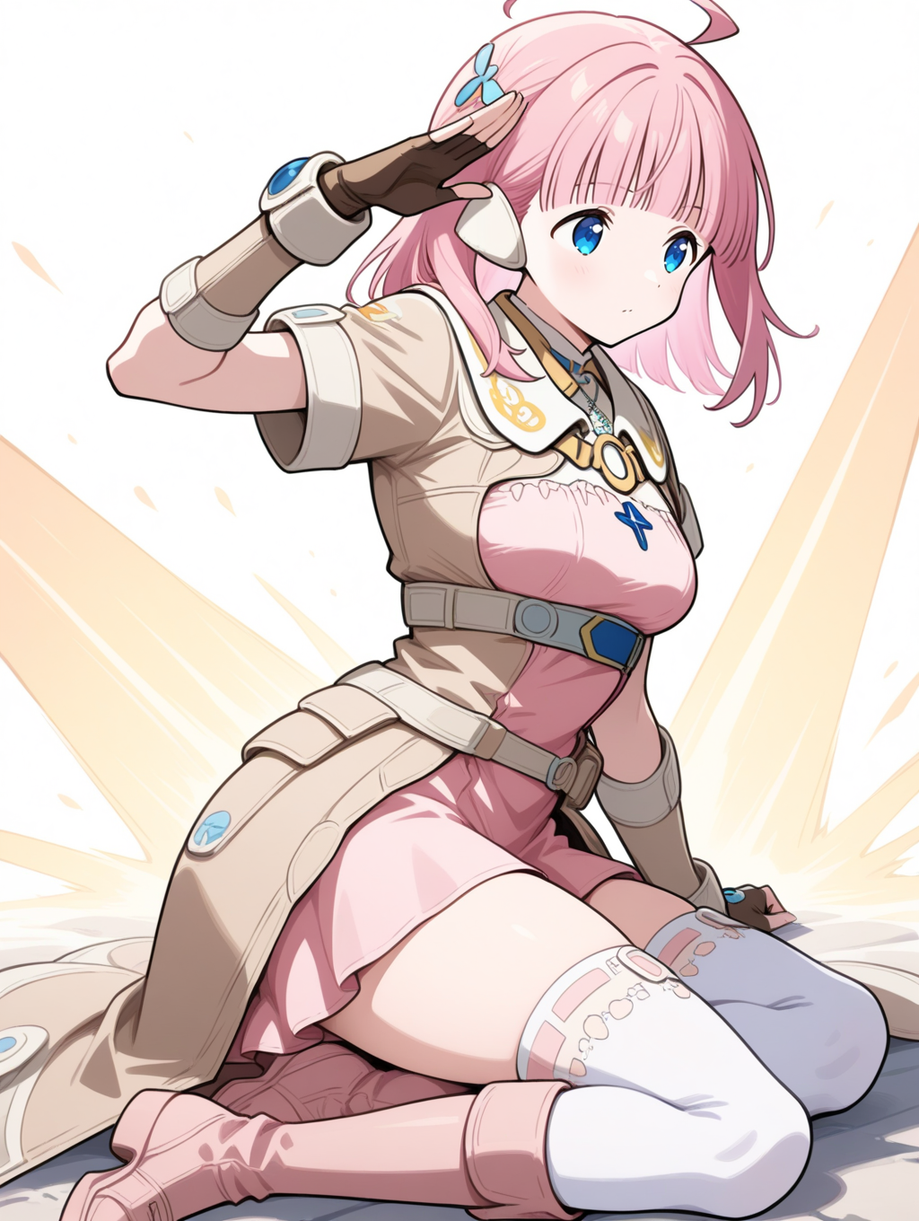 perfect quality,best quality,absolutely eye-catching,ambient occlusion,raytracing BREAK
1girl,<lora:miki IL v1.1_1:0.9>,miki,pink hair,medium hair,blunt bangs,blue eyes,hair ornament,brown coat,short sleeves,pink dress,short dress,bracers,fingerless gloves,brown gloves,white thighhighs,boots,, from side, looking away,medium_shot,arched_back,bunching_hair,salute,reclining,