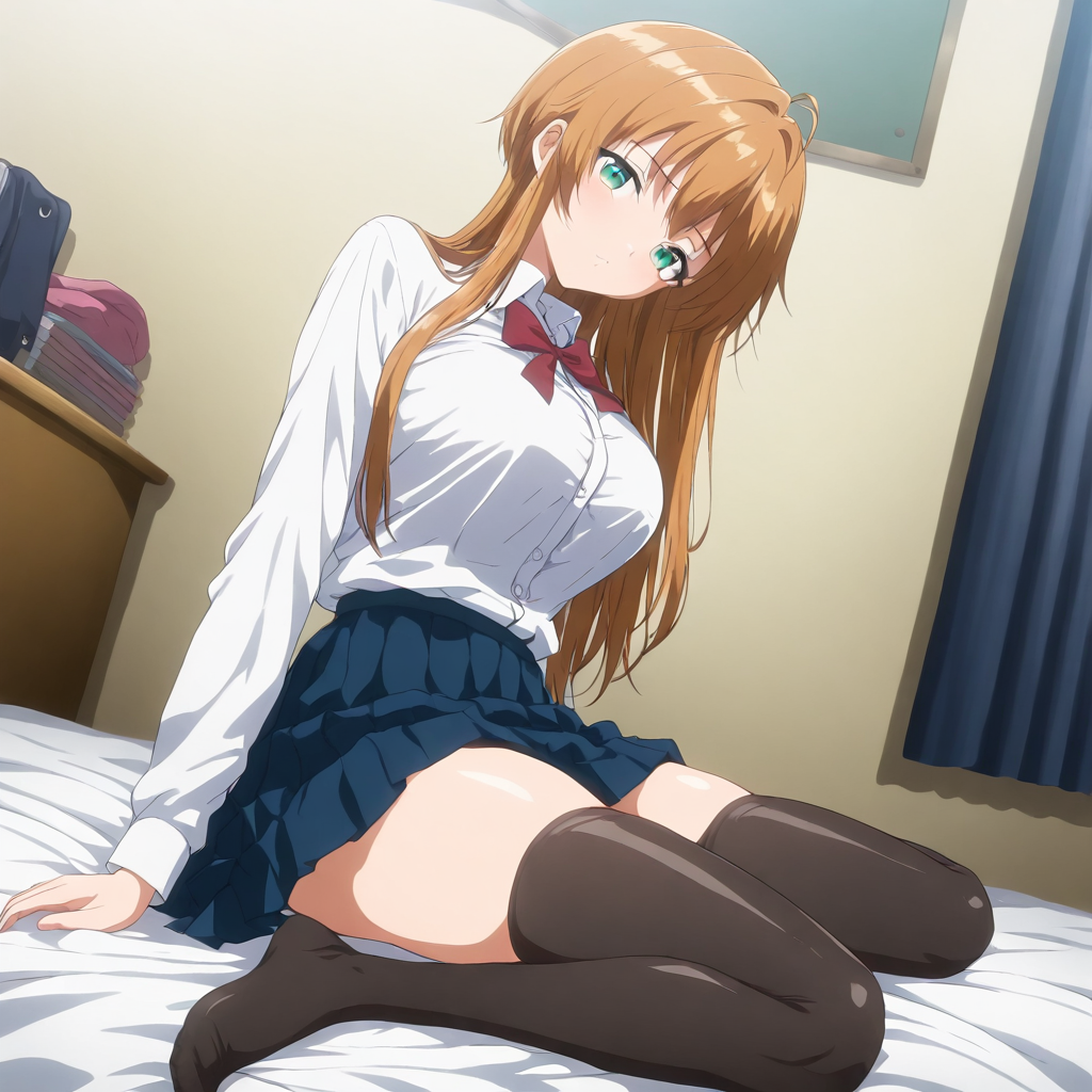 masterpiece,high score,great score,absurdres,looking at viewer,1girl,solo,school_uniform,skirt,thighhighs,<lora:Misaki_Hold ag4o v1:1> misaki_hold, brown hair, long hair, green eyes,