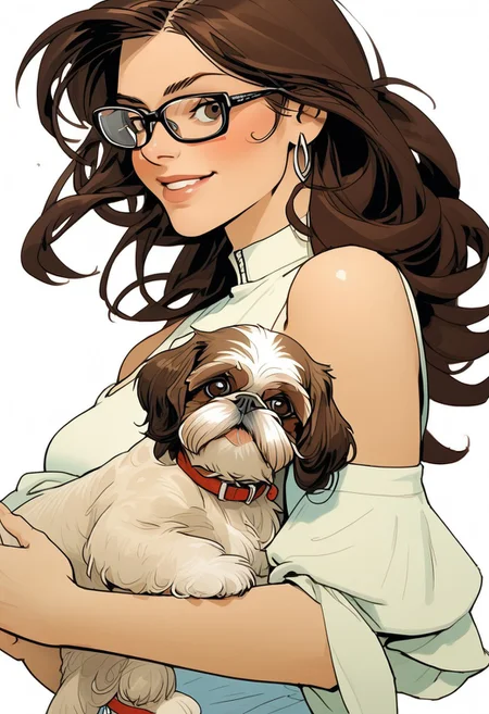 NijiEX style illustration. Close up of a girl holding a shih tzu in her arms, glasses. Long flowing brown hair, brown eyes.Style by Masamune Shirow.