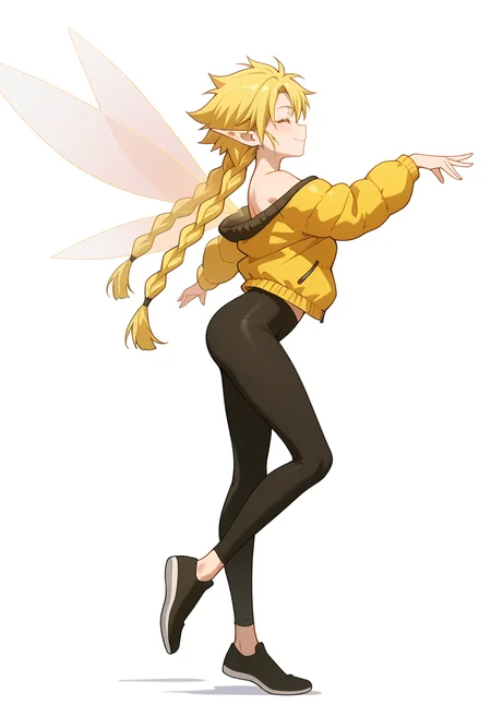 Smooth Quality,masterpiece,very intricate, high quality details, ultra realistic, high detailed skin,detailed enviorement,absurdres,
simple background, white background,
from side,dancing,
^ ^,solo,
<lora:Ramiriscnn:0.8> ramiriscnn, 1girl, fairy, minigirl, blonde hair, yellow eyes, pointy ears, long hair, twin braids,small breasts,fairy wings, bare shoulders, puffer jacket, ,jacket, ,leggings, ,