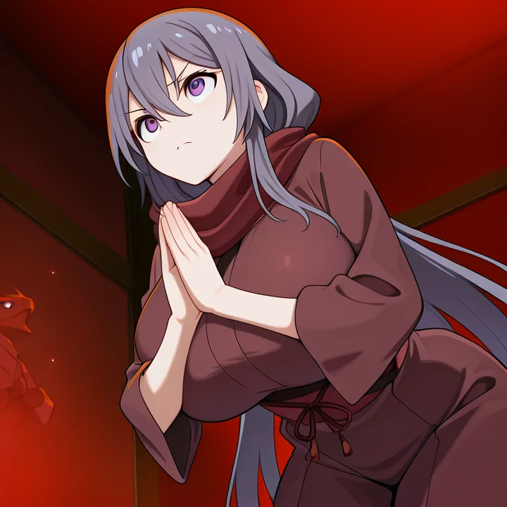 cowboy shot,<lora:IL_Dragon_Yukano:1>,nin_sly_y,dragon yukano,purple eyes,purple hair,very long hair,huge breasts,
ninja,<lora:IL_aisatsu_meme:1>,nin_sly,aisatsu,own hands together,leaning forward,serious,thinking seriously,from below,looking up,upturned eyes,, masterpiece,best quality,amazing quality,very aesthetic,absurdres,