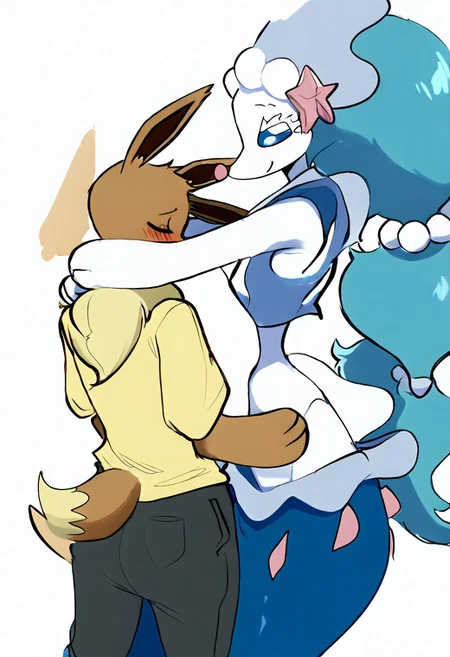 Theycallhimcake, L3gHump1ng, full contact hug, side hug, Primarina, microwaist, 1boy Eevee