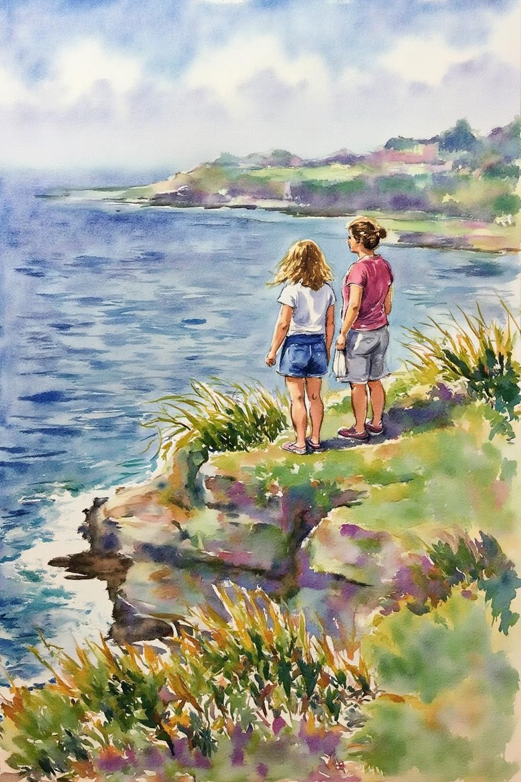 watercolor helenmcnicoll2.
A coastal bay scene. On the right, two women stand on a windswept, sunlit cliff overlooking the bay. The woman on the left is slightly taller and looking out at the ocean. 
 <lora:watercolor1_nbm_cap_d6a3e12:1.0><lora:838704742646593427:0>