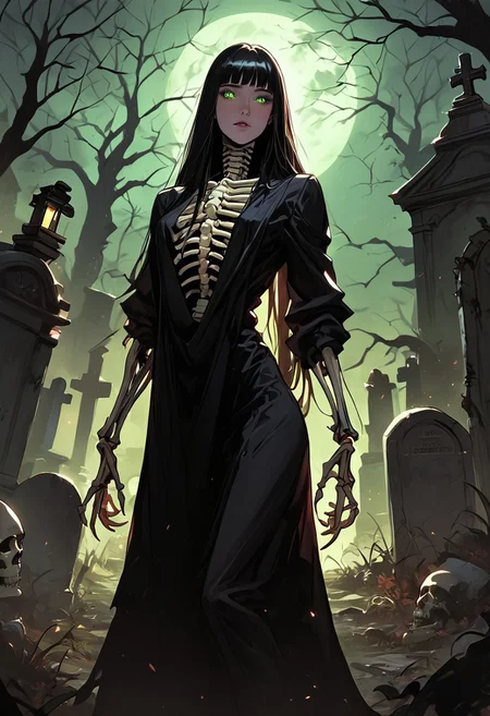 masterpiece, best quality, highly detailed, ultra-realistic, score_9, score_8_up, score_7_up, score_6_up, source_cartoon,
BREAK
1girl, solo, necromancer, long black hair, glowing green eyes, massive curvaceous figure, wearing a tattered robe that clings to her body, standing in a graveyard, (focus on her expression: dark, commanding), (background: tombstones, swirling mist, skeletal hands emerging from the ground), (atmosphere: eerie, with a heavy sense of death and desire)