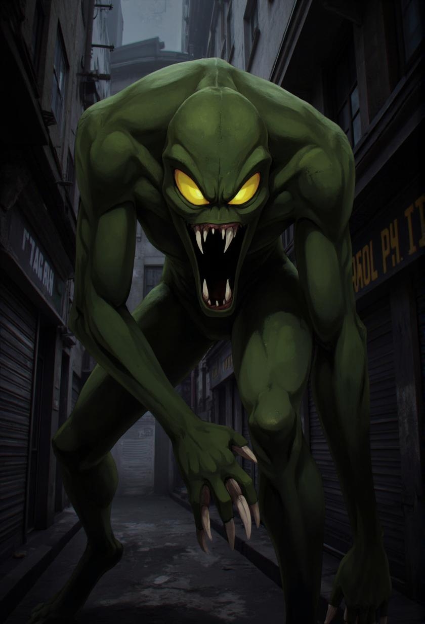 <lora:ck-LttleGhost-000011.safetensors:1> in the style of ck-lttlegh0stA menacing, green-skinned monstrosity with glowing yellow eyes and razor-sharp teeth is poised to strike in a dimly lit European alley. The camera angle is low, emphasizing its intimidating presence amidst worn buildings and shuttered shops.