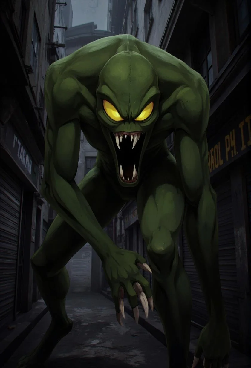 <lora:ck-LttleGhost-000011.safetensors:1> in the style of ck-lttlegh0stA menacing, green-skinned monstrosity with glowing yellow eyes and razor-sharp teeth is poised to strike in a dimly lit European alley. The camera angle is low, emphasizing its intimidating presence amidst worn buildings and shuttered shops.