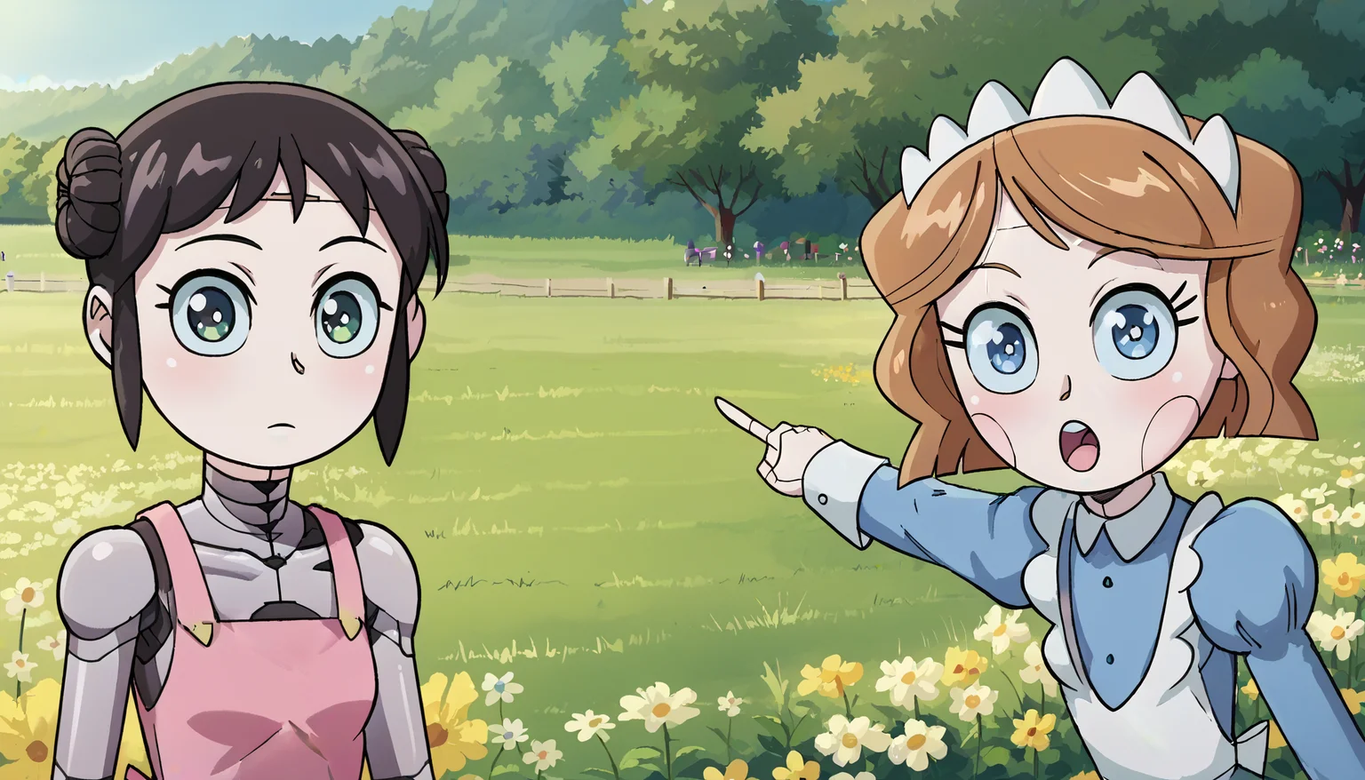 score_9_up,score_8_up,score_7_up,score_6_up,<lora:soyjacks:0.9>,soyjacks,pointing,open mouth,<lora:zy_Detailed_Backgrounds_v1:0.7>,extremely detailed,2girls,detailed background,field of flowers,
2girls,mina_wz,green eyes,eyelashes,black hair,double bun,hair bun,short hair,sidelocks,closed mouth,expressionless,android,pink dress,apron,white kappougi,black pantyhose,robot,mechanical parts,mechanical arms,mechanical legs,pointing,looking at viewer,<lora:mina>,
2girls,emmytr,robot,brown hair,blue eyes,maid uniform,maid headdress,pointing,looking at viewer,<lora:Emmy_Emmy_the_Robot_commission:0.6>,