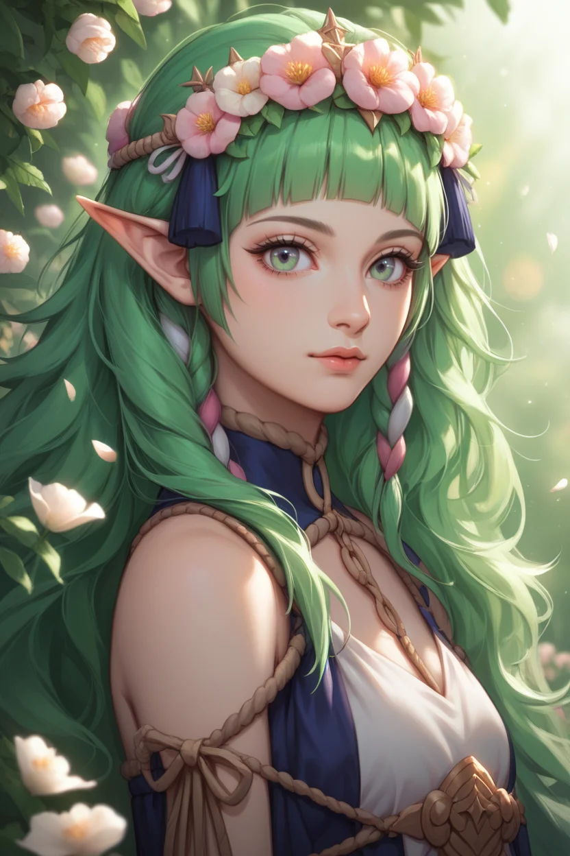 score_9, score_8_up, score_7_up, score_6_up
<lora:FESothis:1.0>
FESothis, 1girl, green hair, long hair, blunt bangs, pointy ears, looking at viewer, standing in a sunlit garden, surrounded by blooming flowers, soft focus background with bokeh, gentle breeze rustling through leaves, romantic and dreamy ambiance