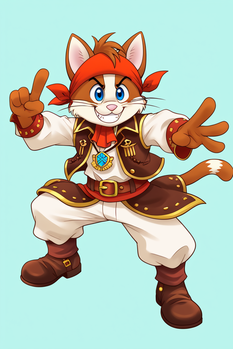 score_9, score_8, ((ガトー, brown fur)), drawing, flat color, high quality, highres, good anatomy, detailed hands, detailed face, detailed fur, 2d, anime, ((source_furry, score_9, score_8_up, score_7_up, score_6), by darkgem, (Sharp focus, masterpiece, 8k, intricate artwork, hyper detailed, high detail), pirate, red vest, red bandana, smile, action pose, full body, v-sign, simple background, colorful background, furry, furry male, cat, action pose, solo, 1boy