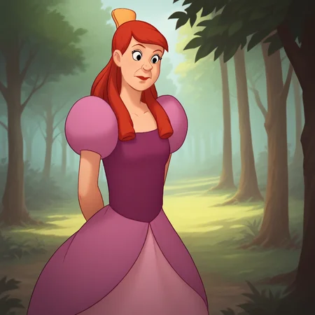 score_8_up, BREAK, AnastasiaTremaine, 1girl, solo, red hair, long hair, black eyes, lipstick, yellow hairpin, dress, blue sleeves, magenta bodice, puffy short sleeves, Petticoat, cowboy shot, <lora:AnastasiaTremaine_PXL_Leaf1:1>, outdoors, forest, arms at sides,