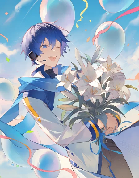 very awa, 1boy, kaito \(vocaloid\), vocaloid, balloon, blue sky, solo, light smile, bouquet, holding bouquet, lily \(flower\), confetti, cowboy shot, wind, blue scarf, blue hair, cloud, aqua balloon, dutch angle, :d, laughing, blue balloon, blurry, pastel theme, (close-up:1.2), one eye closed,
[masterpiece:0.15], [best quality:0.15], [newest:0.15], [absurdres:0.15]  <lora:artist_miji_black_vpred:1>