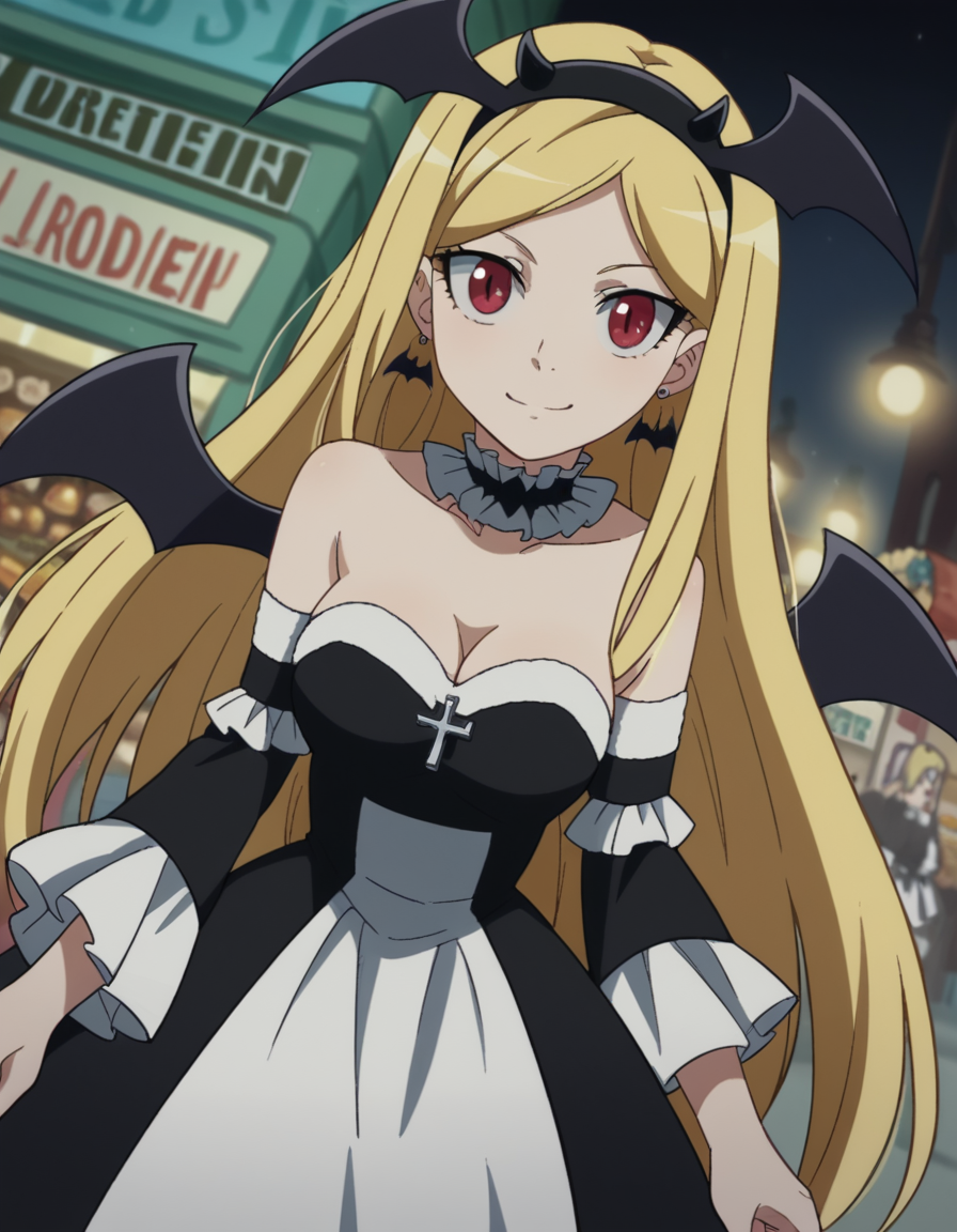 score_9, score_8_up, score_7_up, source_anime, <lora:elizabeth-greenhough-smith-s1-ponyxl-lora-nochekaiser:1>, elizabeth greenhough smith, long hair, blonde hair, red eyes, very long hair, hairband, parted bangs, black hairband, medium breasts,, dress, cleavage, bare shoulders, jewelry, earrings, frills, detached sleeves, wings, choker, black dress, parted bangs, bat wings, cross, black hairband, head wings, gothic,, street market, vendor, street food, bustling crowd, local flavor, vibrant, , smile, looking at viewer, solo,, dutch angle, cowboy shot