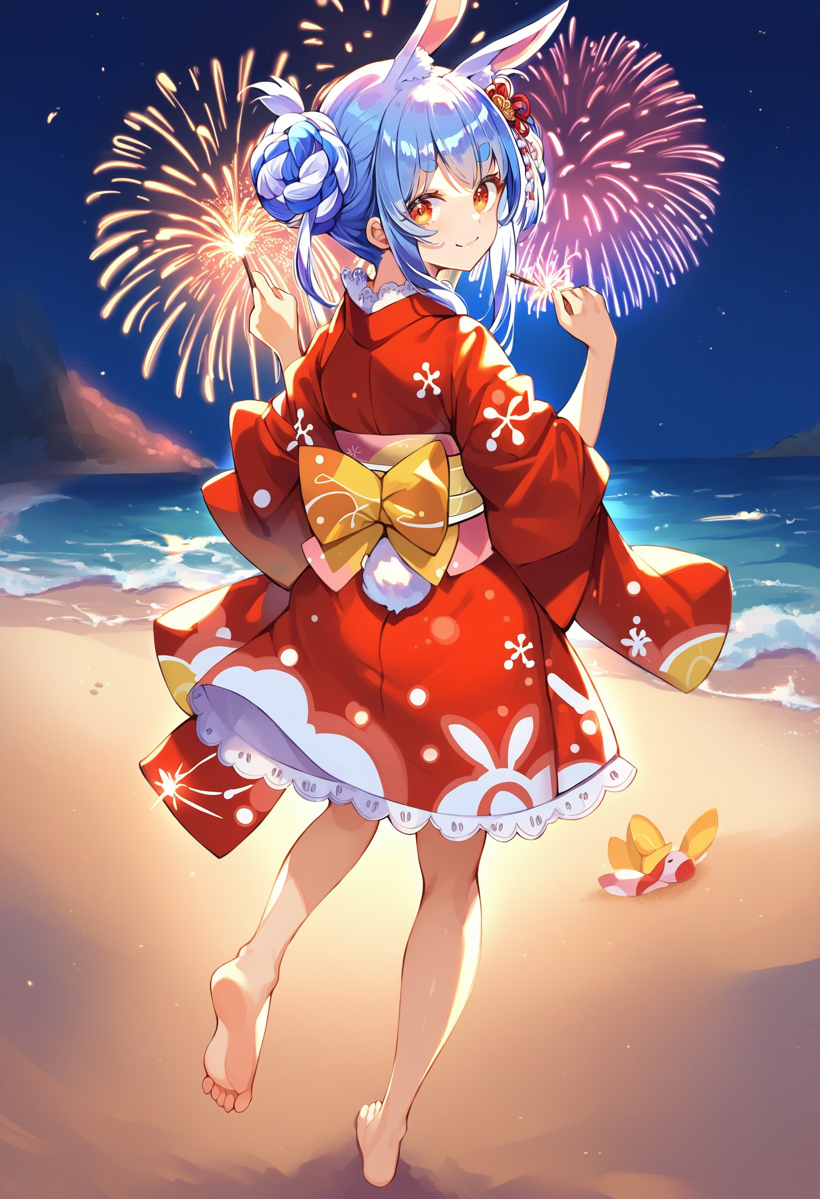score_9, score_8_up, score_7_up, score_6_up, source anime,
usada pekora, rabbit girl, rabbit ears, animal ear fluff, rabbit tail, twin braids, thick eyebrows,
usada pekora newyear, official alternate costume, japanese clothes, red kimono, short kimono, sash, tasuki, obi, sidelocks,
official alternate hairstyle, double bun, twin braids, night sky, sunset,
footprints, barefoot, holding, looking back, looking at viewer, beach, fireworks, soles, toes, from behind, sparkler, outdoors, feet, full body, bare legs, sand, ocean, smile, closed mouth, back bow, standing on one leg
<lora:usada_pekora_v1:1>