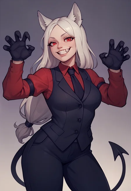 score_9, score_8_up, score_7_up, score_6_up BREAK htcerberus, low-tied long hair, animal ears, demon tail,red shirt, black necktie, long sleeves, arm garter, black gloves, black vest, waistcoat, black pants,smug,grin,cute fangs,claw pose  <lora:helltaker_cerberus_ponyXL:0.8>