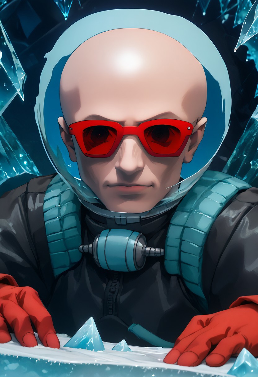 color_pop, color, bw, source_anime, colorful, score_9, score_8_up, score_8, (Mr_Freeze, DC, bald, grey skin, pale skin, 1boy, goggles, red_sunglasses, ice, source_comics, source_western), abstract, P5YCH3D3l1C, BREAK, (P5YCH3D3l1C), colorful, trippy, (abstract), colors, checkerboard, ominous, sneer, (blue_theme), cold, icicle, (fishbowl helmet), metal suit, frost, gloves, snowflakes