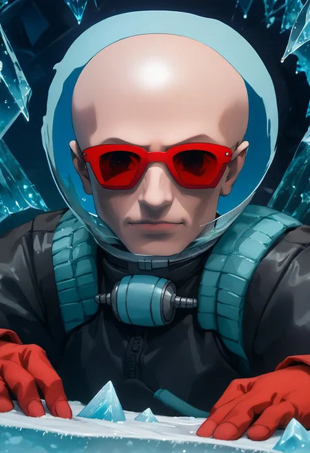 color_pop, color, bw, source_anime, colorful, score_9, score_8_up, score_8, (Mr_Freeze, DC, bald, grey skin, pale skin, 1boy, goggles, red_sunglasses, ice, source_comics, source_western), abstract, P5YCH3D3l1C, BREAK, (P5YCH3D3l1C), colorful, trippy, (abstract), colors, checkerboard, ominous, sneer, (blue_theme), cold, icicle, (fishbowl helmet), metal suit, frost, gloves, snowflakes