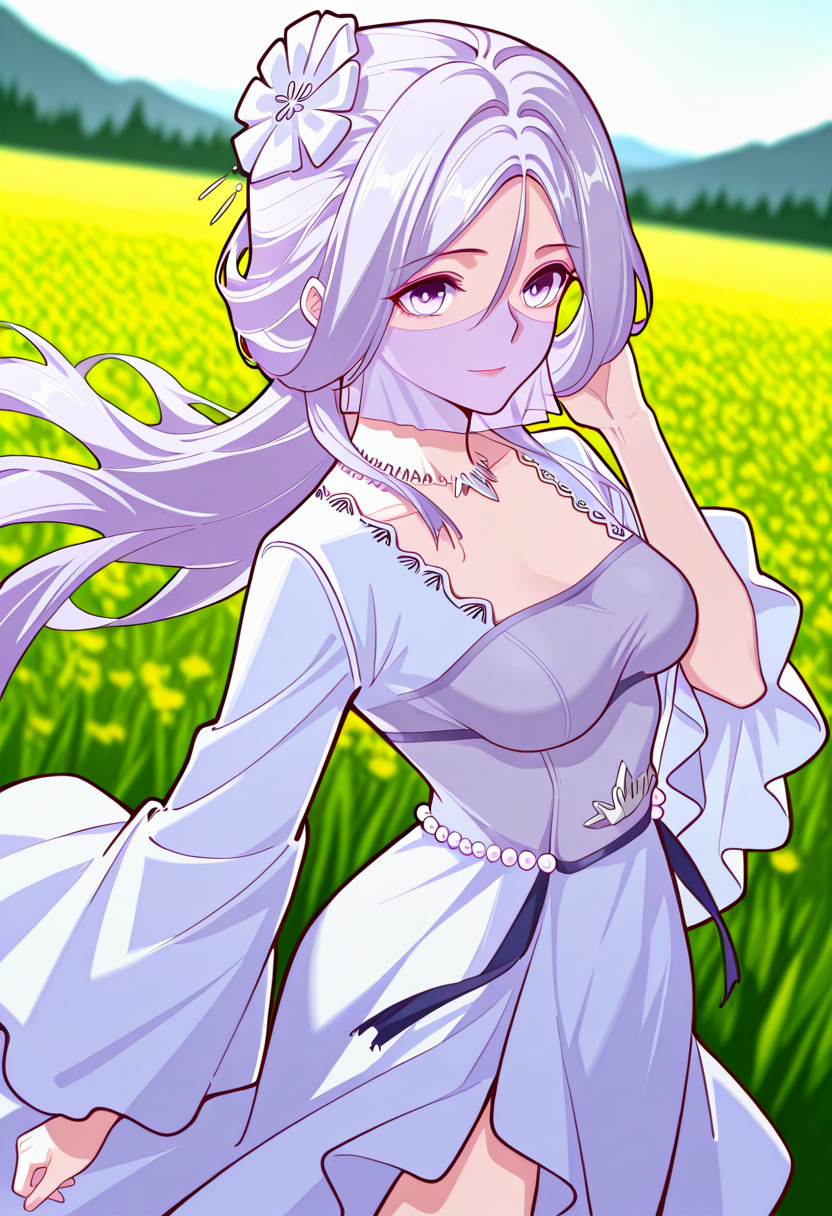<lora:Chu_Qingcheng_IL:1>,Chu_Qingcheng_IL,1girl,long purple hair,wavy hair,Soft wavy strands,hair ornament,parted bangs,purple eyes,hair between eyes,necklace,medium breasts,face veil,soft light purple veil,elegant outfit,white dress,layered dress,pearl accents,high slit dress,wide sleeves,flowy fabric,ornamental belt,waist gems,floral chest design,
score_9,score_8_up,score_7_up,very aesthetic,source_anime,detailed,high quality,beautiful,masterpiece,detailed eyes,field,blurry background,pose dynamic angle,upper body,cowboy shot,light smile,floating