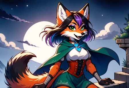 score_9, score_8_up, score_7_up, score_6_up, score_5_up, score_4_up, dic style, smbss style, vintage, cartoon, sfxm, csdb, castle background, stone bridge, bright moon, dark colorful cloudy skies, anthro, female furry, fox, fox tail, fox ears, body fur, fluffy, (paws:1.6), small claws, moon, trees, sitting, tunic, cape, scarf, heart-shaped pendant, leg wrap, bandages, bright green eyes, open mouth, smile, fangs, teeth, (eyeshadow:1.6), (black hair, (violet highlights:1.5)), (medium breasts:2), (looking at viewer:2)